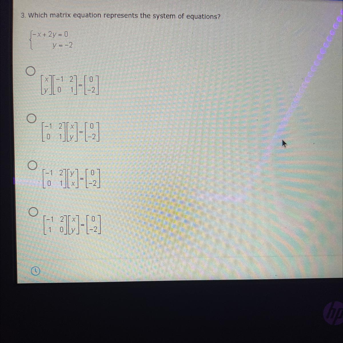 Which matrix equation represents the system of equations?