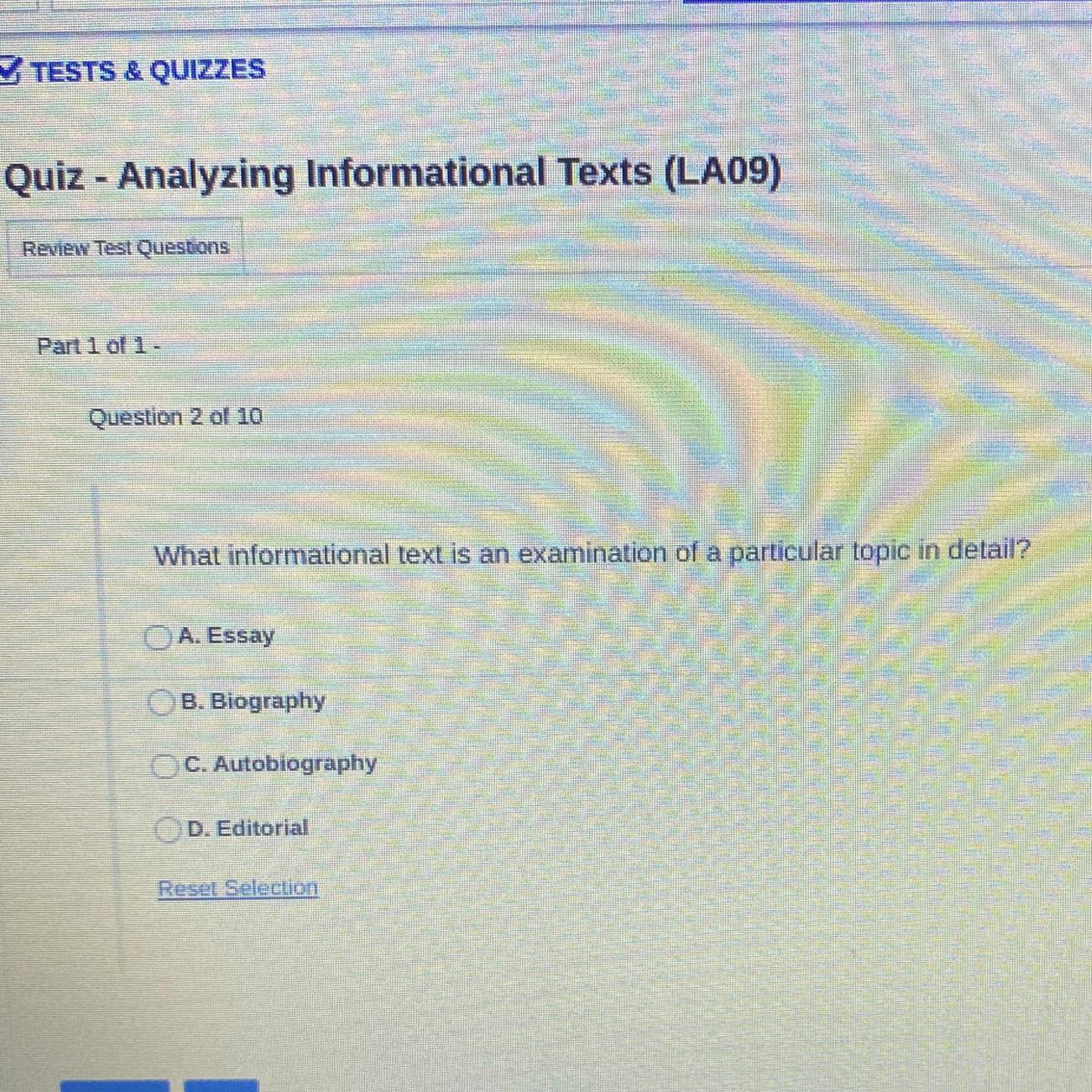 What informational text is an examination of a particular topic in detail?ASAP