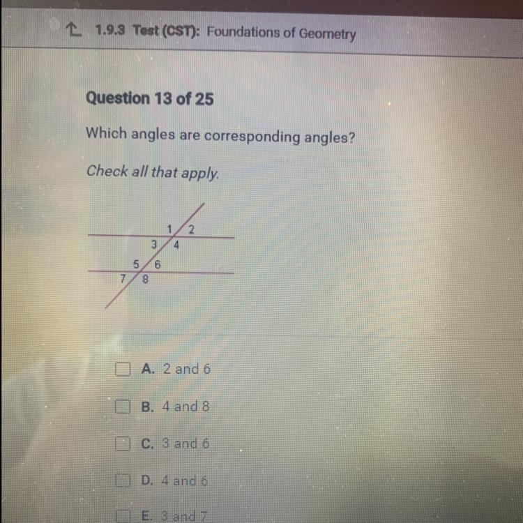 Which angles are corresponding angles?Check all that apply.