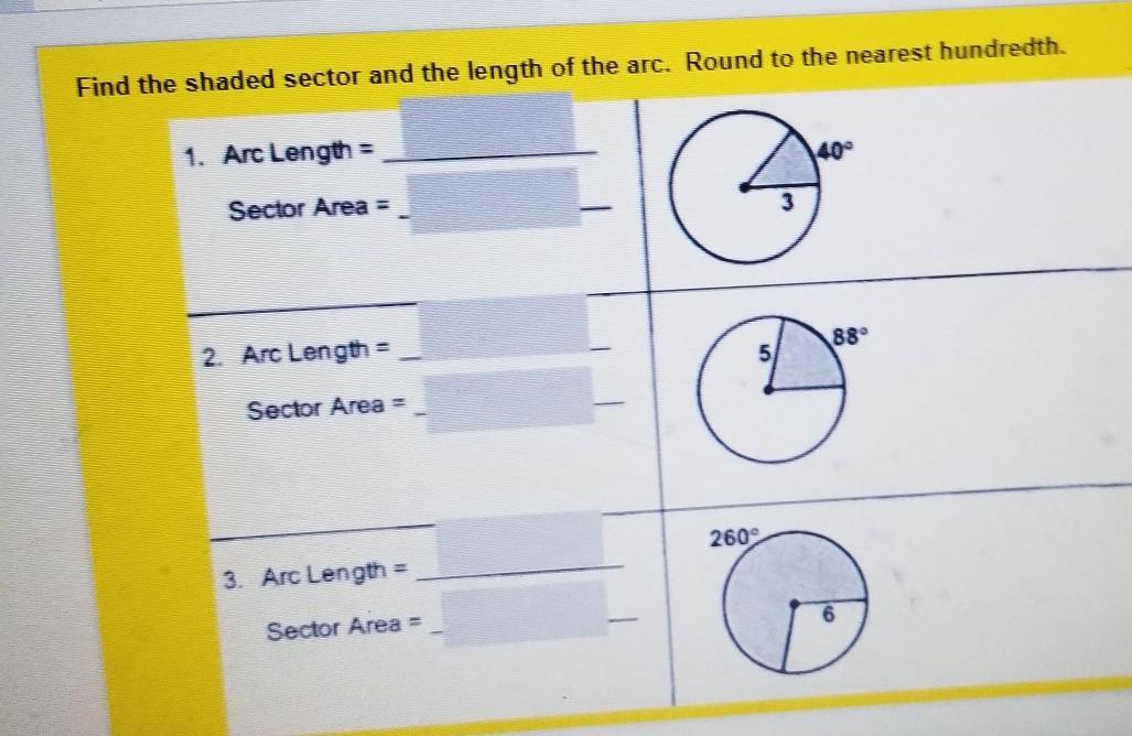 Find the shaded sector and the length of the arc. Round to the nearest hundredth. 