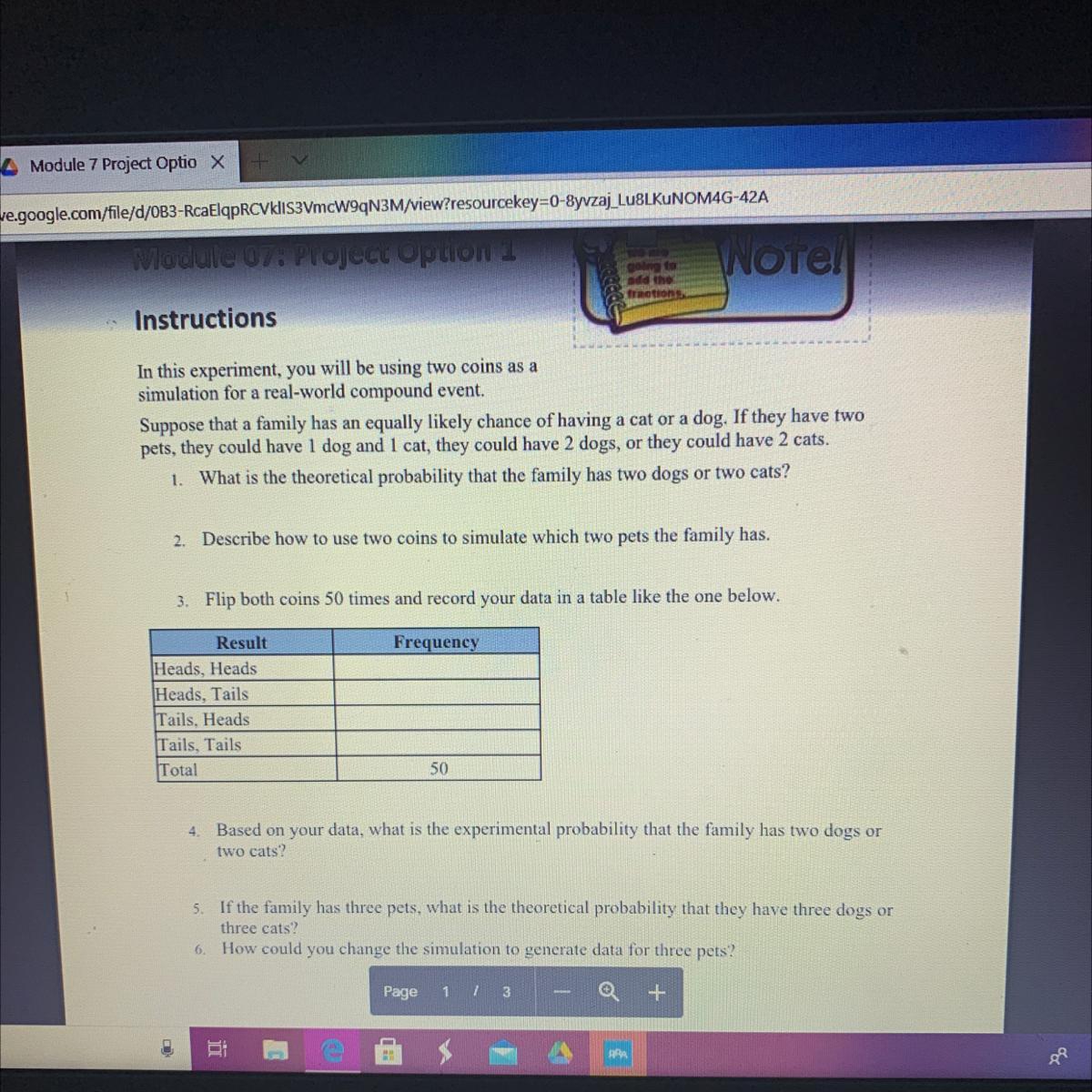 1. What is the theoretical probability that the family has two dogs or two cats?2.Describe how to use