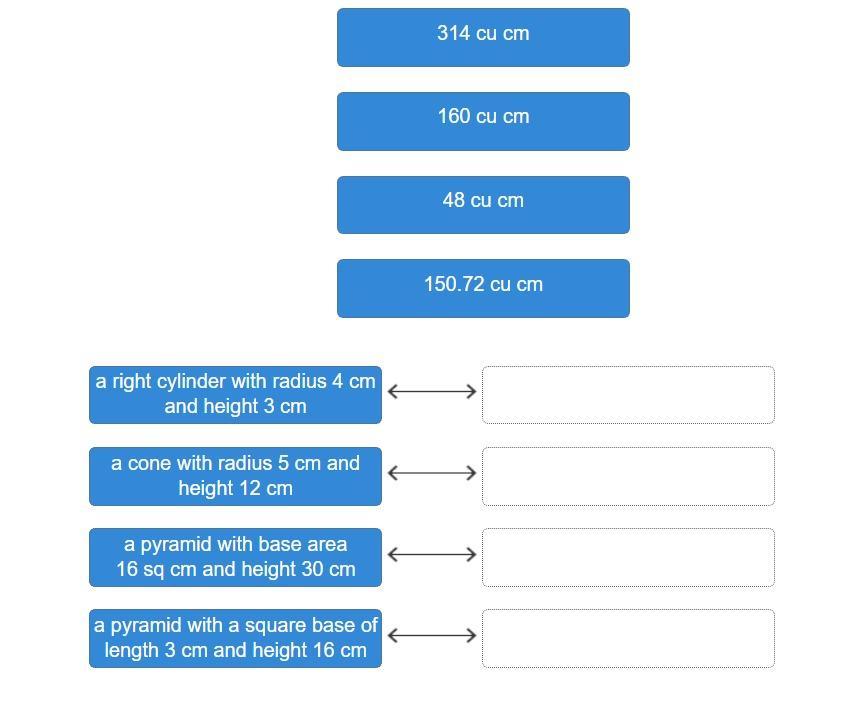 Match each three-dimensional figure to its volume based on the given dimensions. (Assume = 3.14.)