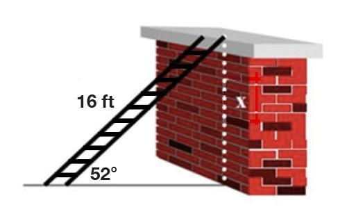 PLEASE HELP!!A 16 ft ladder is propped up against a building at an angle of 52. How far up the wall does