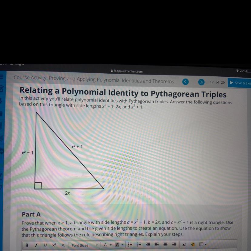 Relating a Polynomial Identity to Pythagorean TriplesIn this activity you'll relate polynomial identities