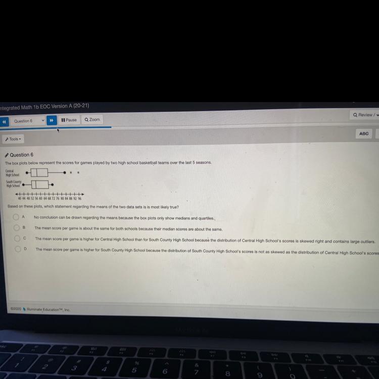 A?B?C?D? The box plots below represent the scores for games played by two high schools basketball teams