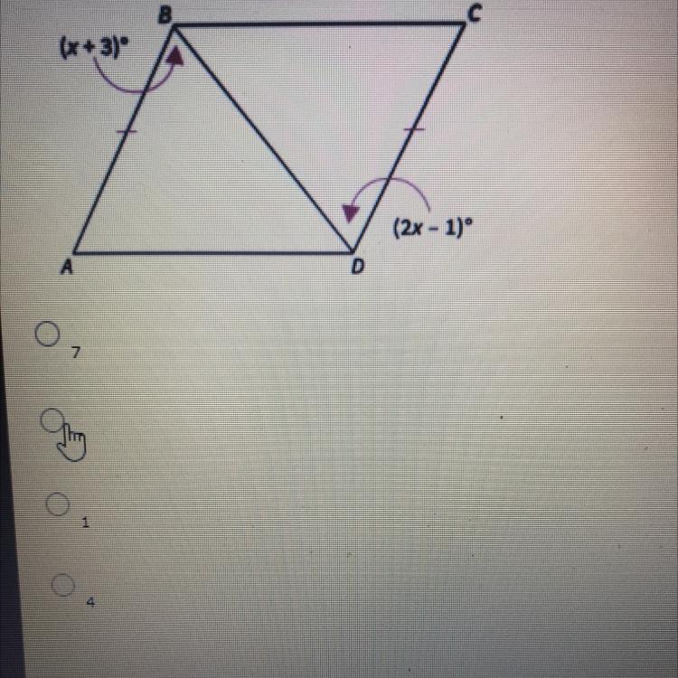 Find the value of x for which ABCD must be a parallelograma. 7b. 2c. 1d. 4