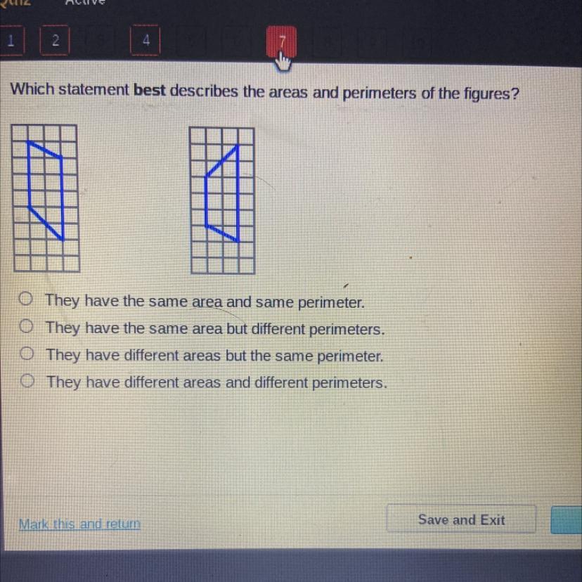 Which statement best describes the areas and perimeters of the figures?