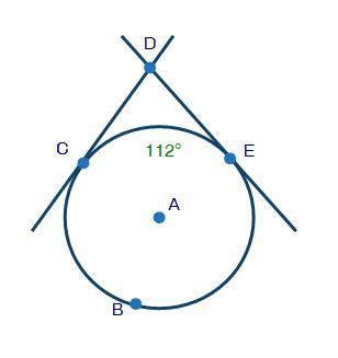 Lines CD and DE are tangent to circle A shown below: If Arc CE is 112, what is the measure of CDE? a