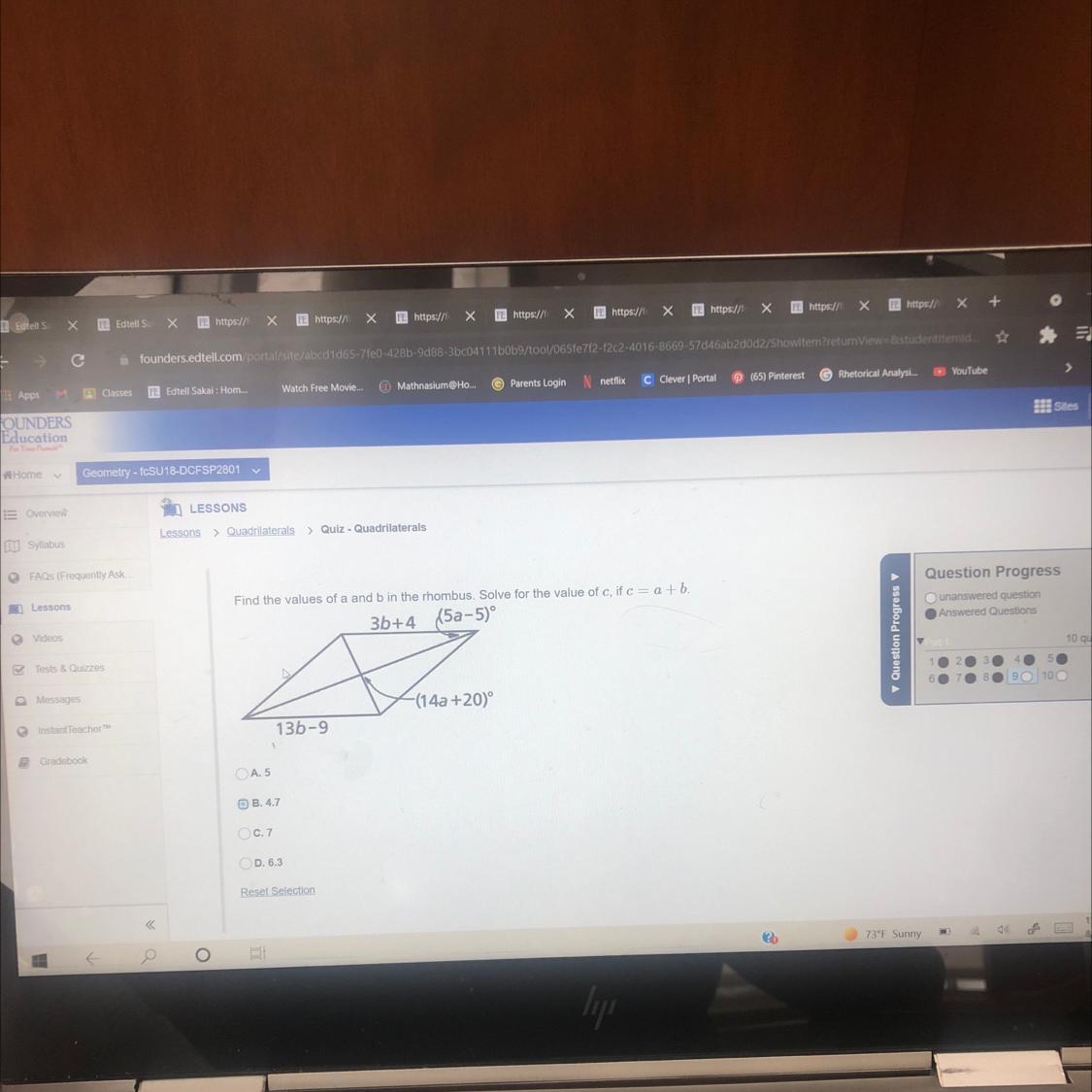 sonsFind the values of a and b in the rhombus, Solve for the value of c, it ca tb.3b+4, (5a-5)AQuestion