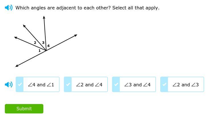 which angles are adjacent to each other ? Select all the apply