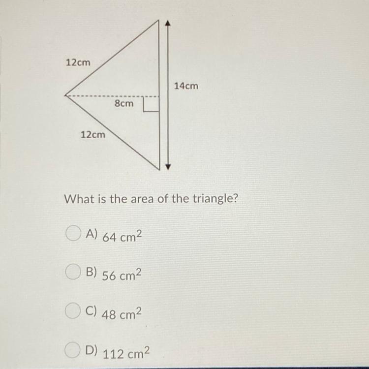 What is the area of the triangle ? A) 64 B) 56C) 48D) 112