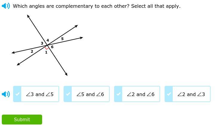 which angles are complementary to each other? select all that apply.