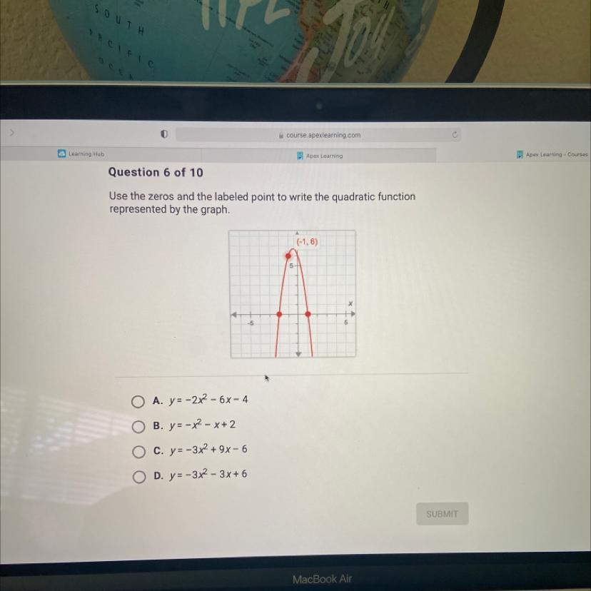 use the zeros and the labeled point to write the quadratic function represented by the graph 