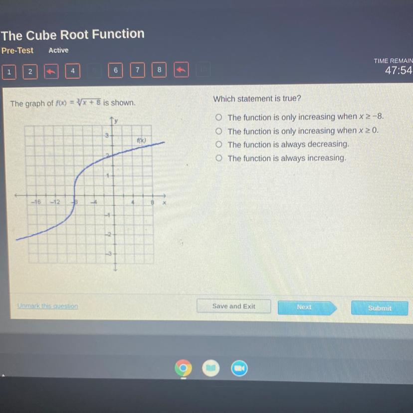 The graph of f(x) = 3x + 8 is shown.Which statement is true?3f(x)O The function is only increasing when