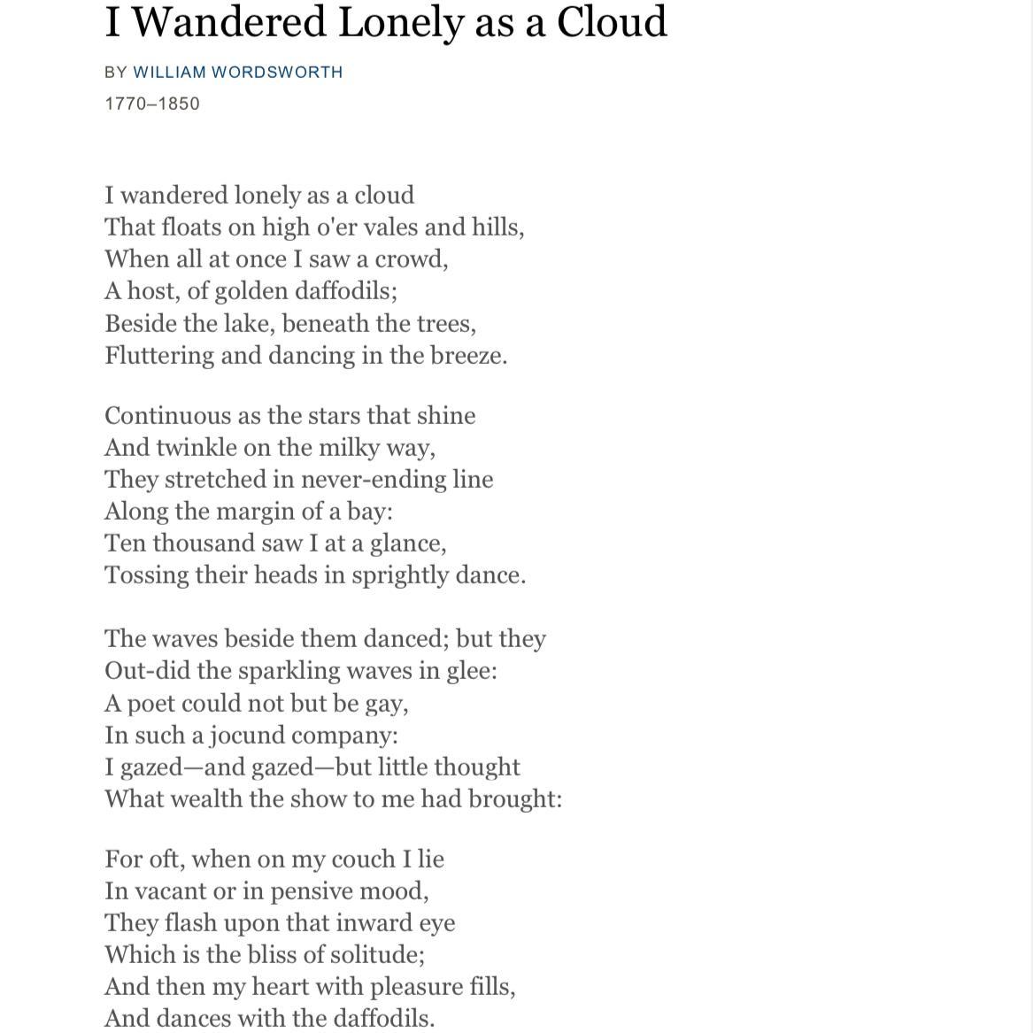 In the poem, I wandered lonely as a cloud, who is the narrator?The narrator is a:A. FlowerB. DaffodilC.