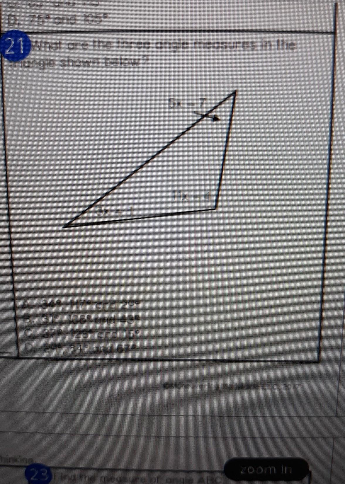what are the three angle measures in the triangle shown below 