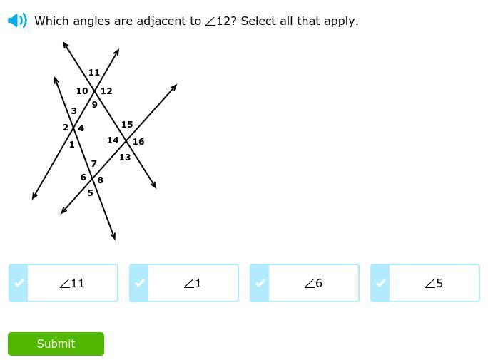 which angles are adjacent to 12 ? select all that apply