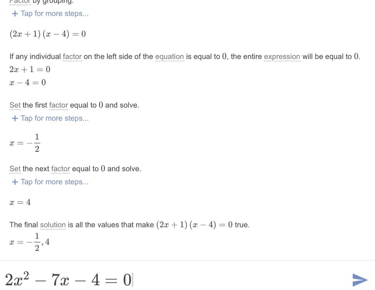 Solve by factoring 2x^2-7x-4=0