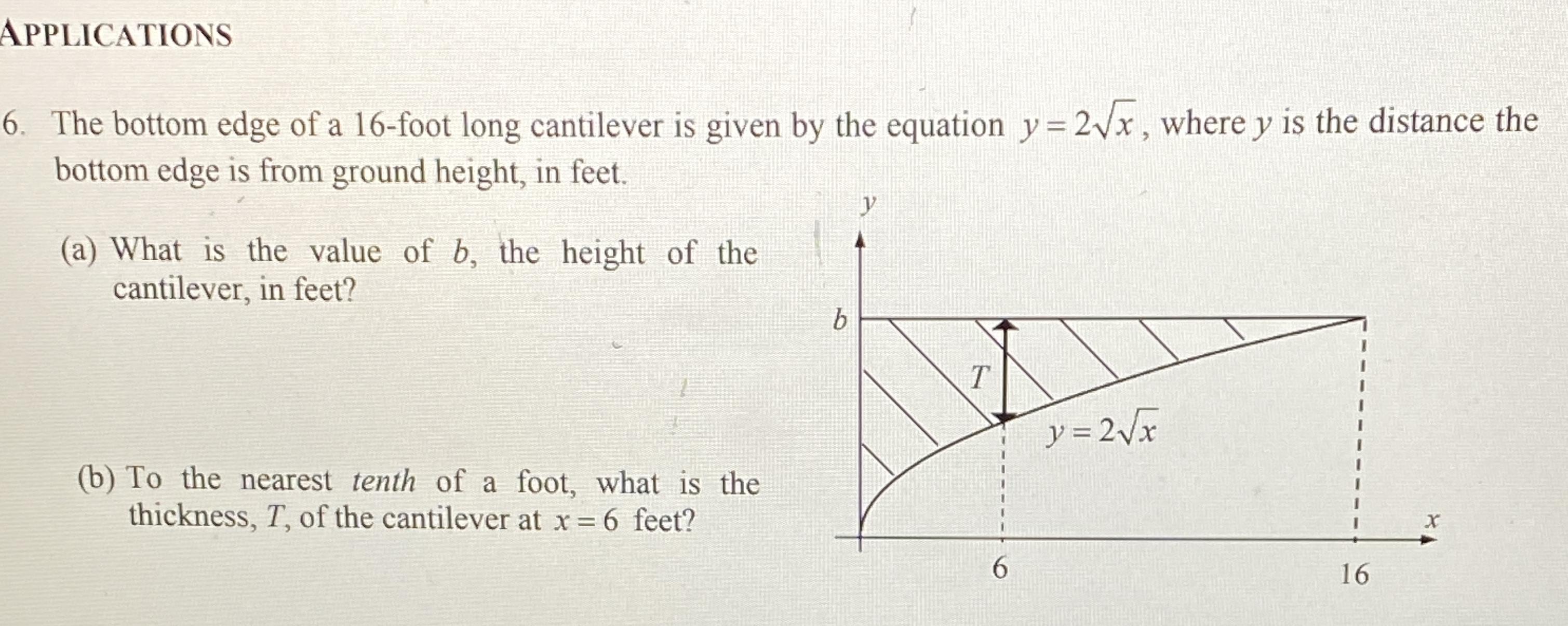The bottom edge of a 16-foot long cantilever is given by the equation y = 2Vx, where y is the distance