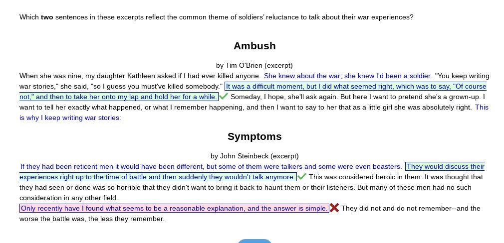 Which two sentences in these excerpts reflect the common theme of soldiers' reluctance to talk about