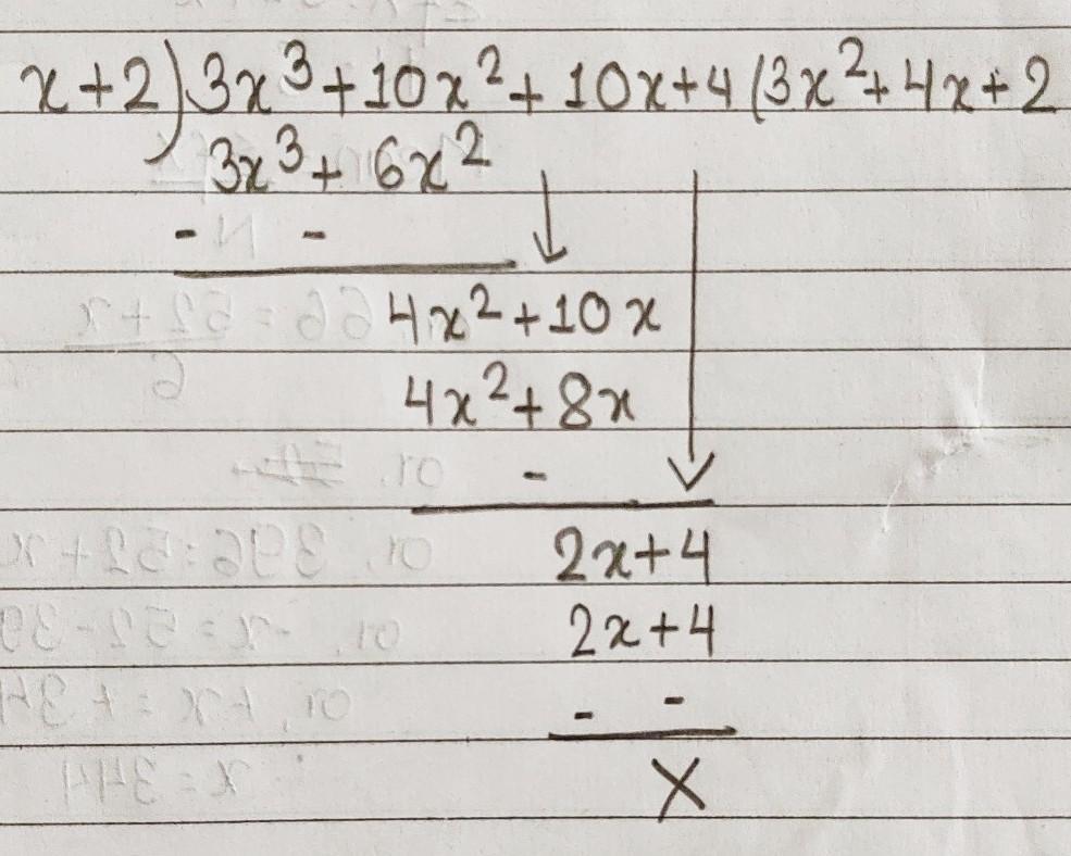 What is the quotient (3x^3+10x^2+10x+4) divided by (x+2)? Possible answers:3x^2+16x+423x^2+4x+23x^2-16x+423x^2-4x+2