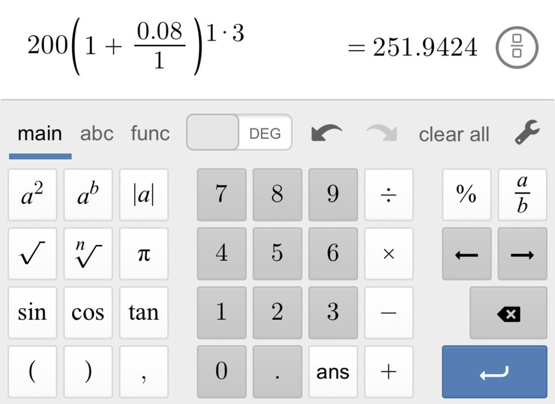 Math helpSally puts $200.00 in a bank account. This accountearns 8% compound interest. How much money