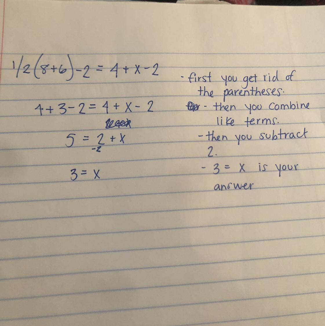 1/2(8+6)-2=4+x-2 Pls Explain The Steps On How To Get The Answer
