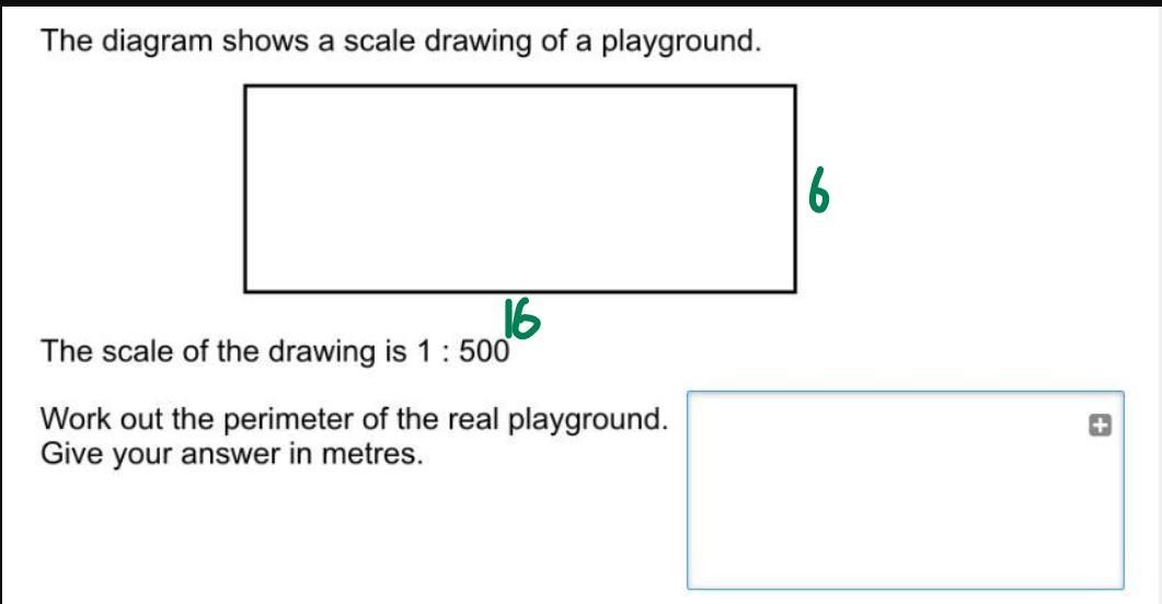 this diagram shows a scale drawing of a playground the scale is ___ 1:500 work out the perimeter of the