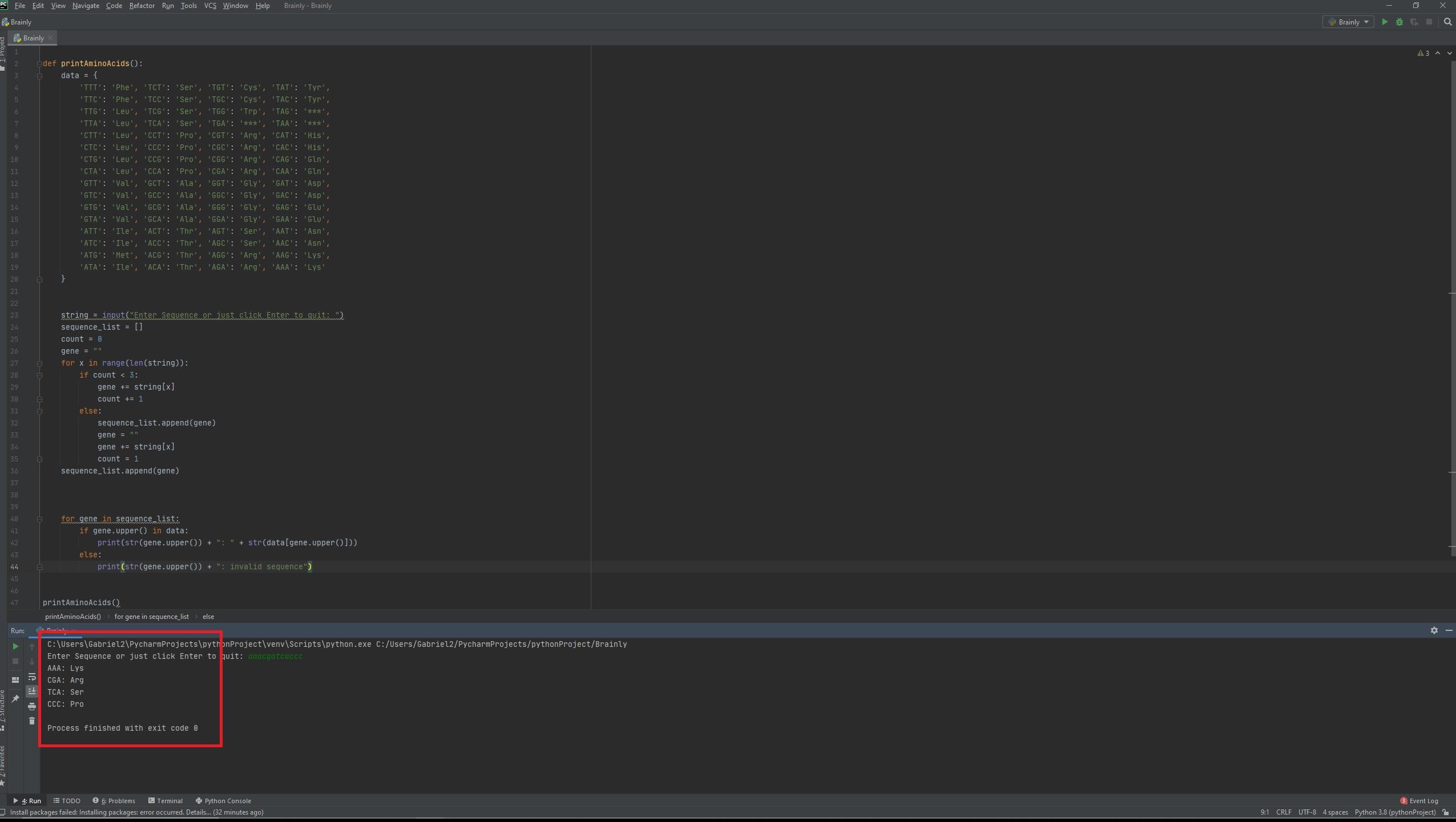 Write a program that repeatedly accepts as input a string of ACGT triples and produces a list of the