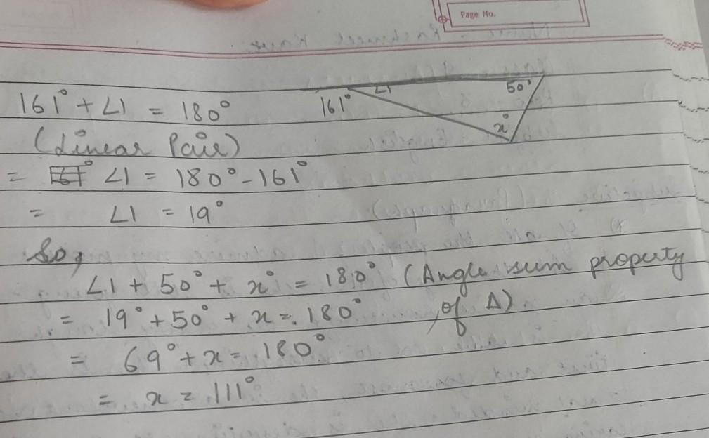 A side of the triangle below has been extended to form an exterior angle of 161. Find the value of x.