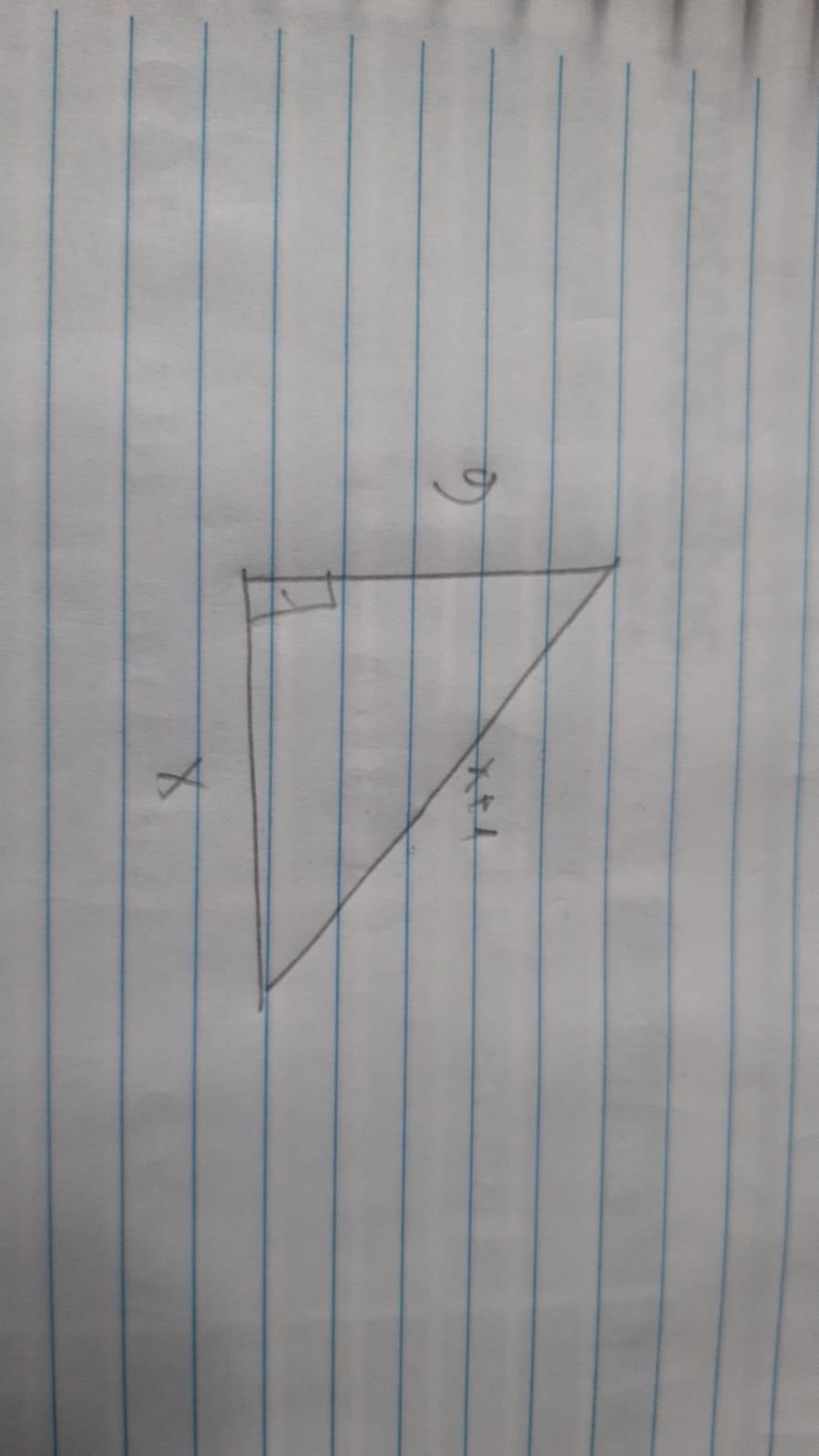 A concrete patio area is shaped like a right triangle. The hypotenuse is one foot longer than one of