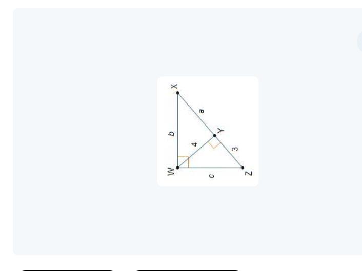 1 2 3 4 5 6 7 8 9 10TIME REMAINING57:04Triangle X Y Z is shown. Angle Z W X is a right angle. An altitude
