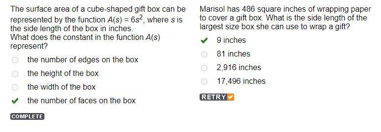 the surface area of a cube-shaped gift box can be represented by the function A(s) = 6s2, where s is