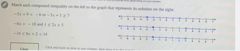 Match each compound inequality on the left to the graph that represents its solution on the right.-5x