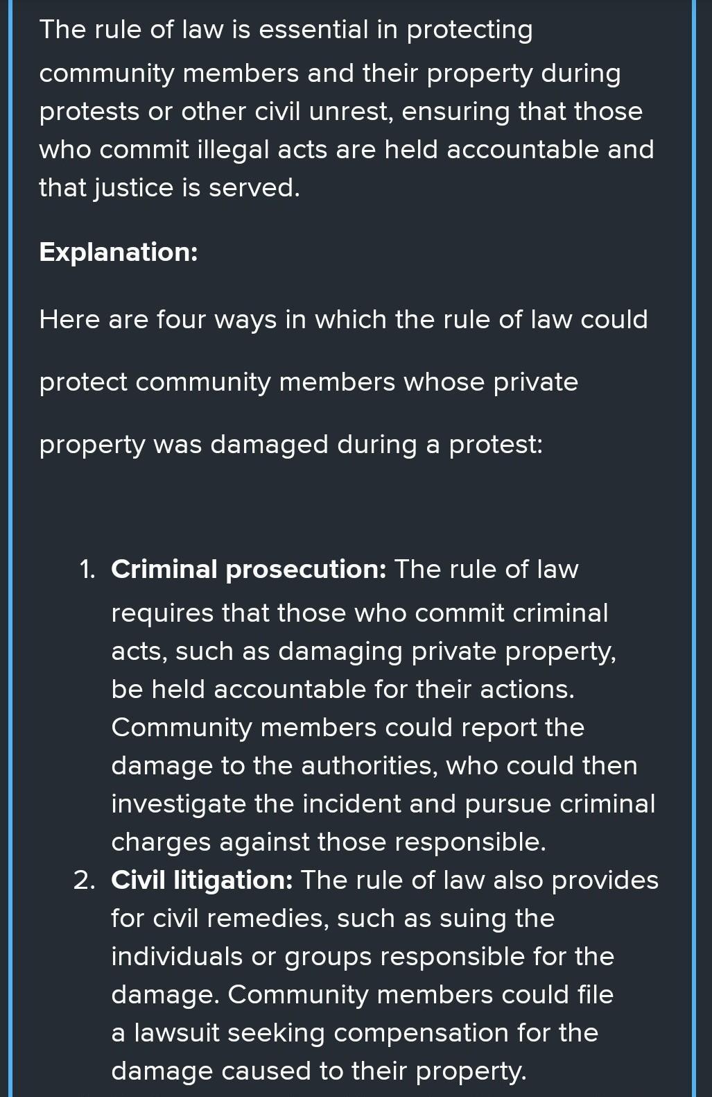 Mention FOUR ways in which the rule of law could protect community members whose private property was