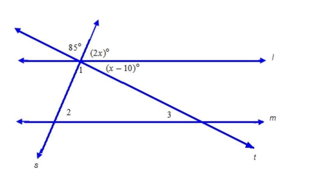 Lines l and m are parallel. Parallel lines l and m are cut by transversals s and t. Clockwise from top
