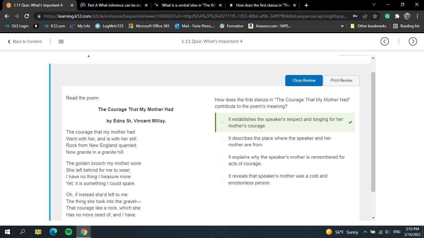 How does the first stanza in "The Courage That My Mother Had" contribute to the poem's meaning? It describes