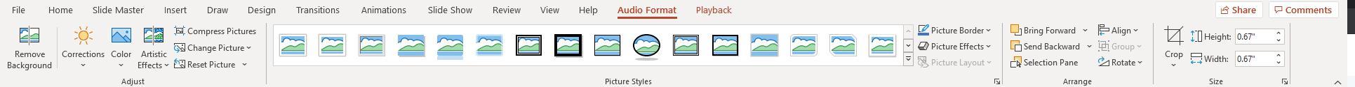 On the Audio Tools contextual tab, which tab will control how the audio file appears, if it appears,
