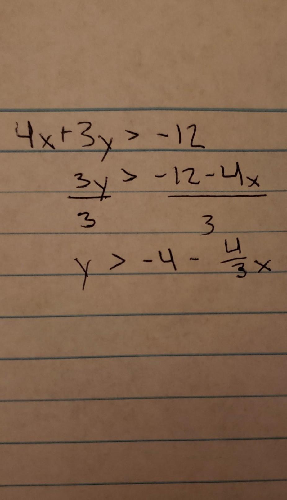 Change the inequalities below to get 'y' by itself. 4x + 3y &gt; -12