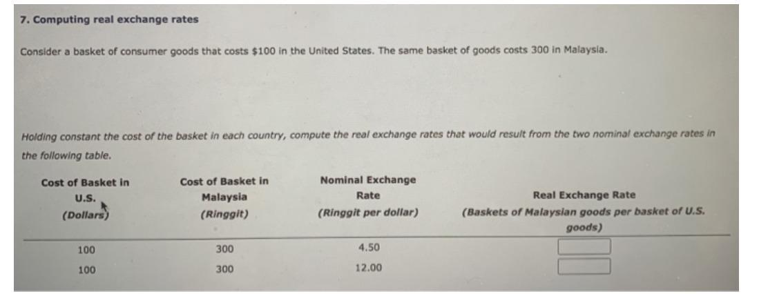 Computing real exchange rates Consider a basket of consumer goods that costs $100 in the United States.