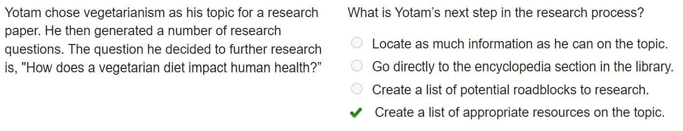 Yotam chose vegetarianism as his topic for a research paper. He then generated a number of research questions.