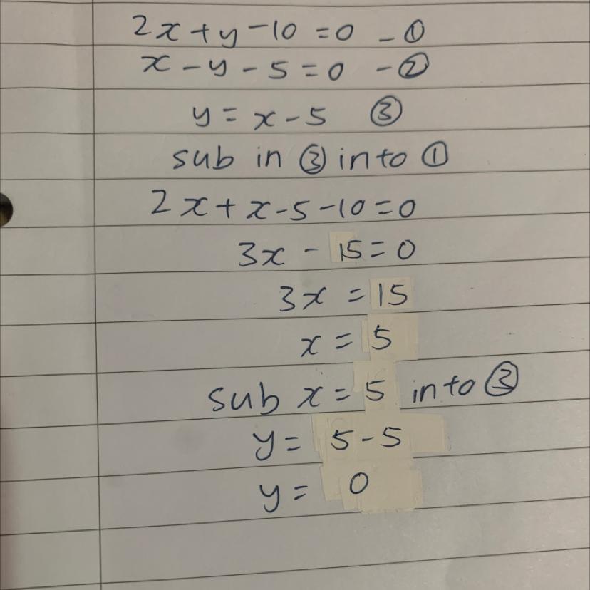 Solve the system algebraically.2x + y - 10 = 0X-y-5= 0What is the value of y?-5 /350