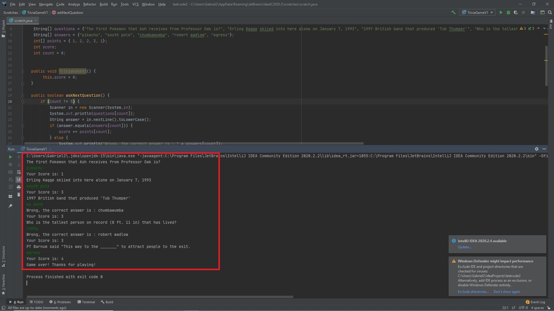 Create a class named TriviaGameV1 that plays a simple trivia game. The game should have five questions.