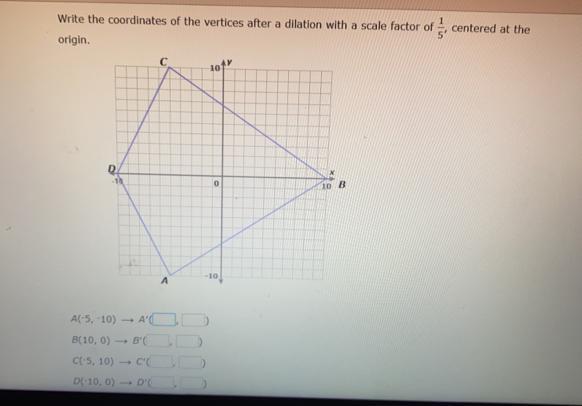 Write the coordinates of the vertices after a dilation with a scale factor of 1/5