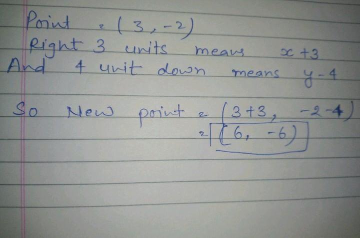 12 points!A point located at (3,-2) is translated right 3 units and down 4 units. What are the coordinates