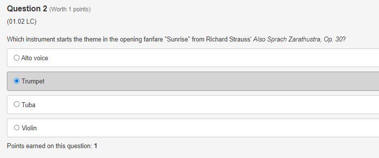 Which instrument starts the theme in the opening fanfare "Sunrise" from Richard Strauss' Also Sprach