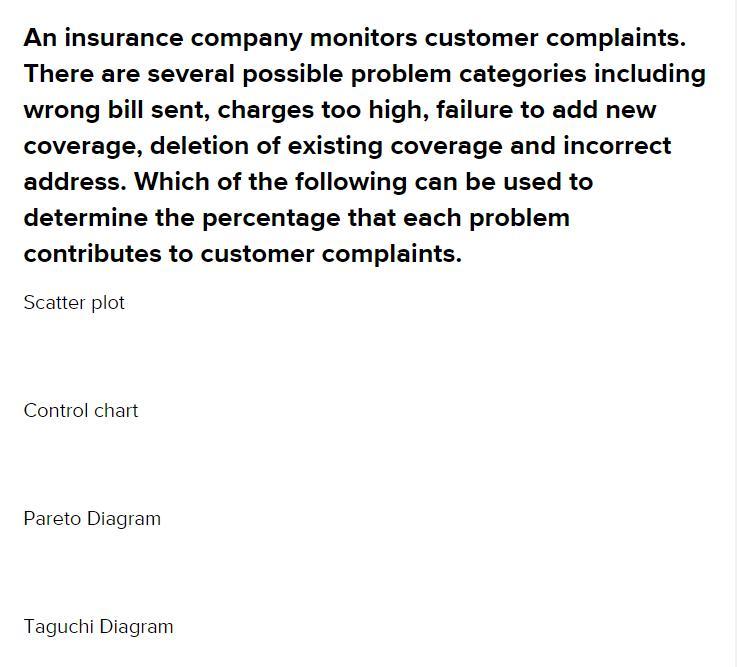 An Insurance Company Monitors Customer Complaints. There Are Several Possible Problem Categories Including