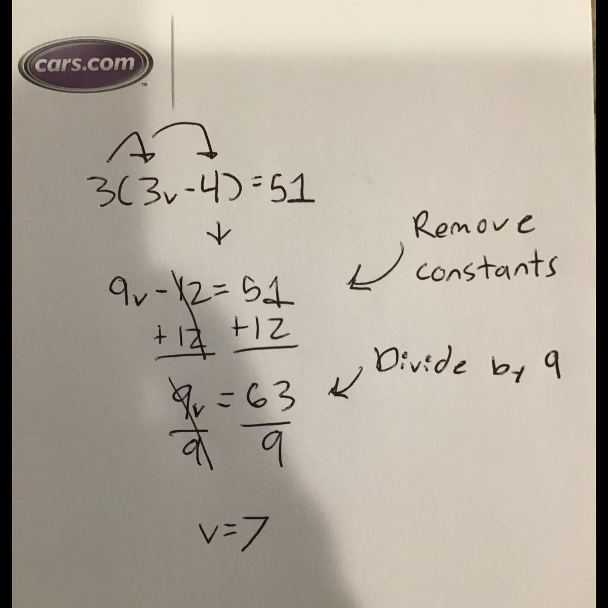 3(3v - 4) = 51 solve for v simplify your answer as much as possible