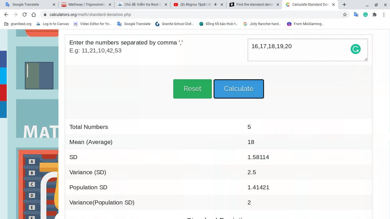 Find the standard deviation for the group of data items.16, 17, 18, 19, 20