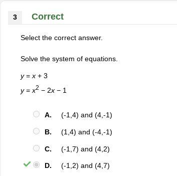 Solve The System Of Equations.y = X + 3y = X2 - 2x - 1A. (-1, 7) And (4, 2)B. (-1, 4) And (4, -1)C. (-1,